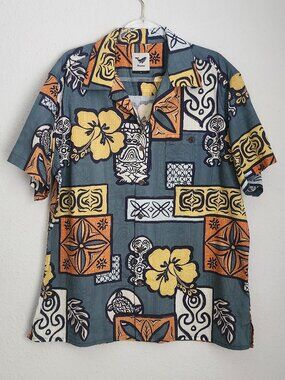 YIUME Tiki Hawaiian Floral Island Print Camp Button Down Shirt L